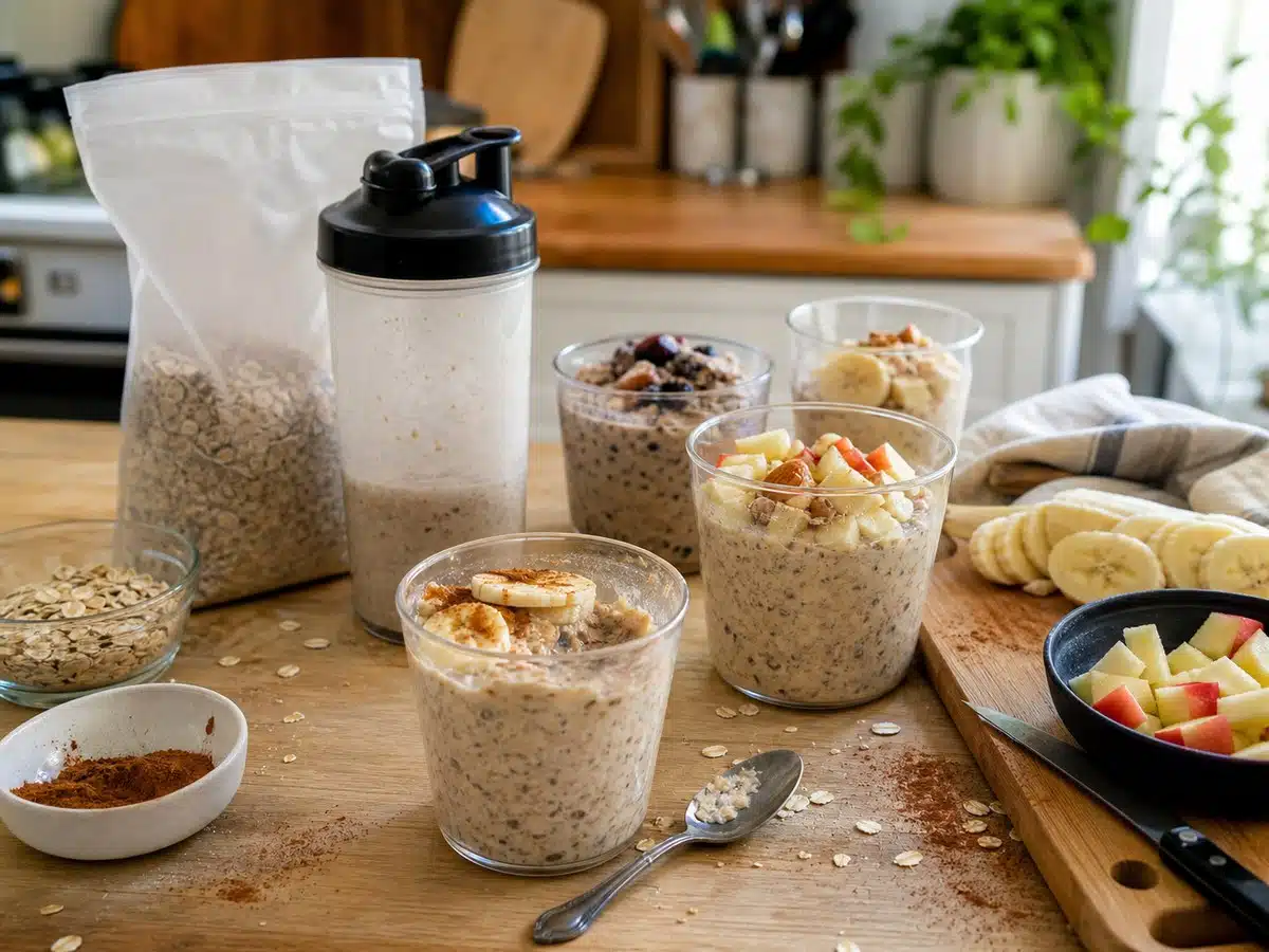 Unbranded overnight oats cups and a shaker bottle on a kitchen counter for best overnight oats