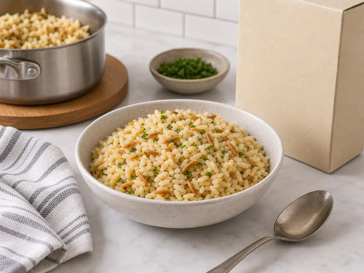 Unbranded bowl of rice pilaf with toasted orzo for best rice pilaf box