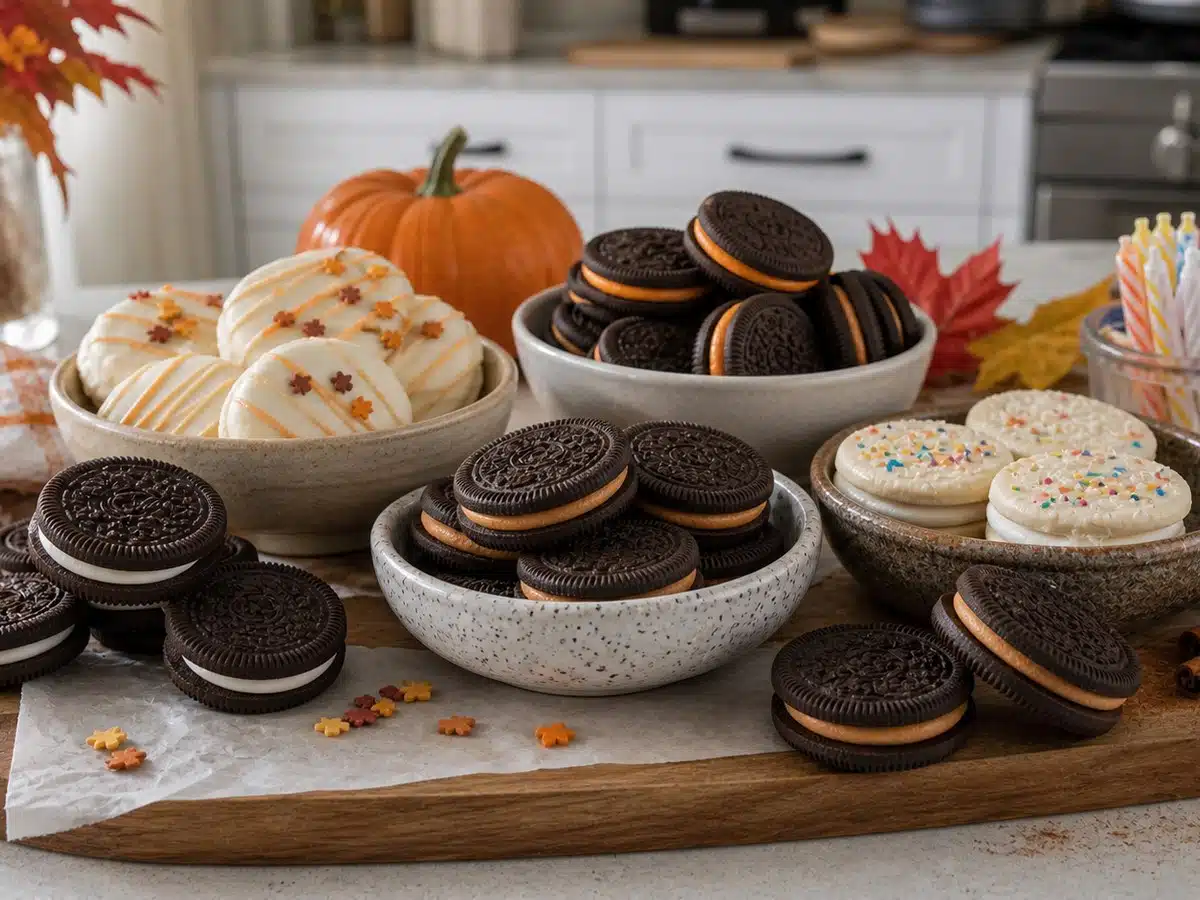 Unbranded seasonal sandwich cookies with fall Halloween holiday and birthday cookie styles for best seasonal Oreo flavors