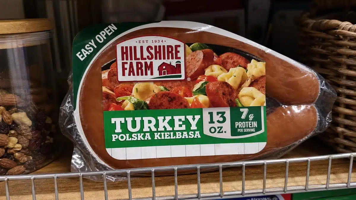 AI product-style photo of Hillshire Farm Turkey Polska Kielbasa Smoked Sausage for best turkey sausage
