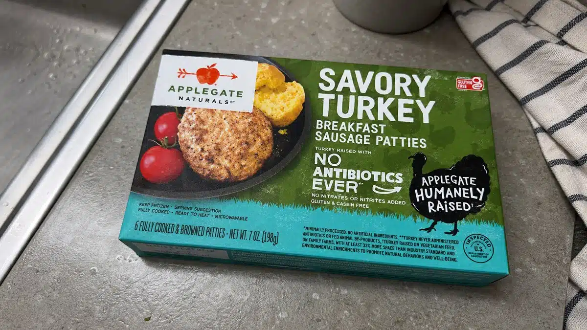 AI product-style photo of Applegate Natural Savory Turkey Breakfast Sausage Patties for best turkey sausage