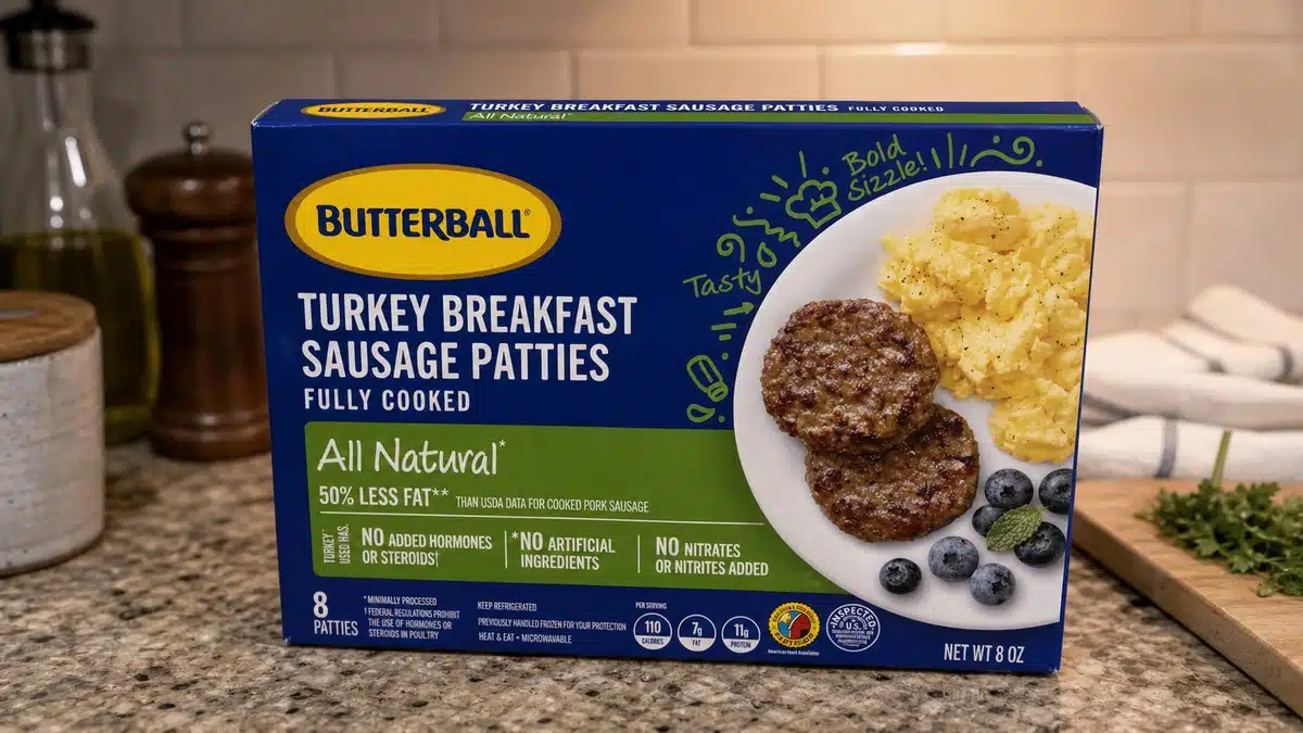 AI product-style photo of Butterball All Natural Fully Cooked Breakfast Sausage Patties for best turkey sausage