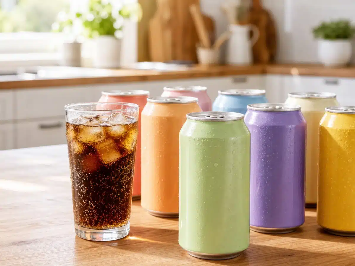 Colorful unlabeled soda cans and a glass of cola over ice on a kitchen counter for best Zevia flavors
