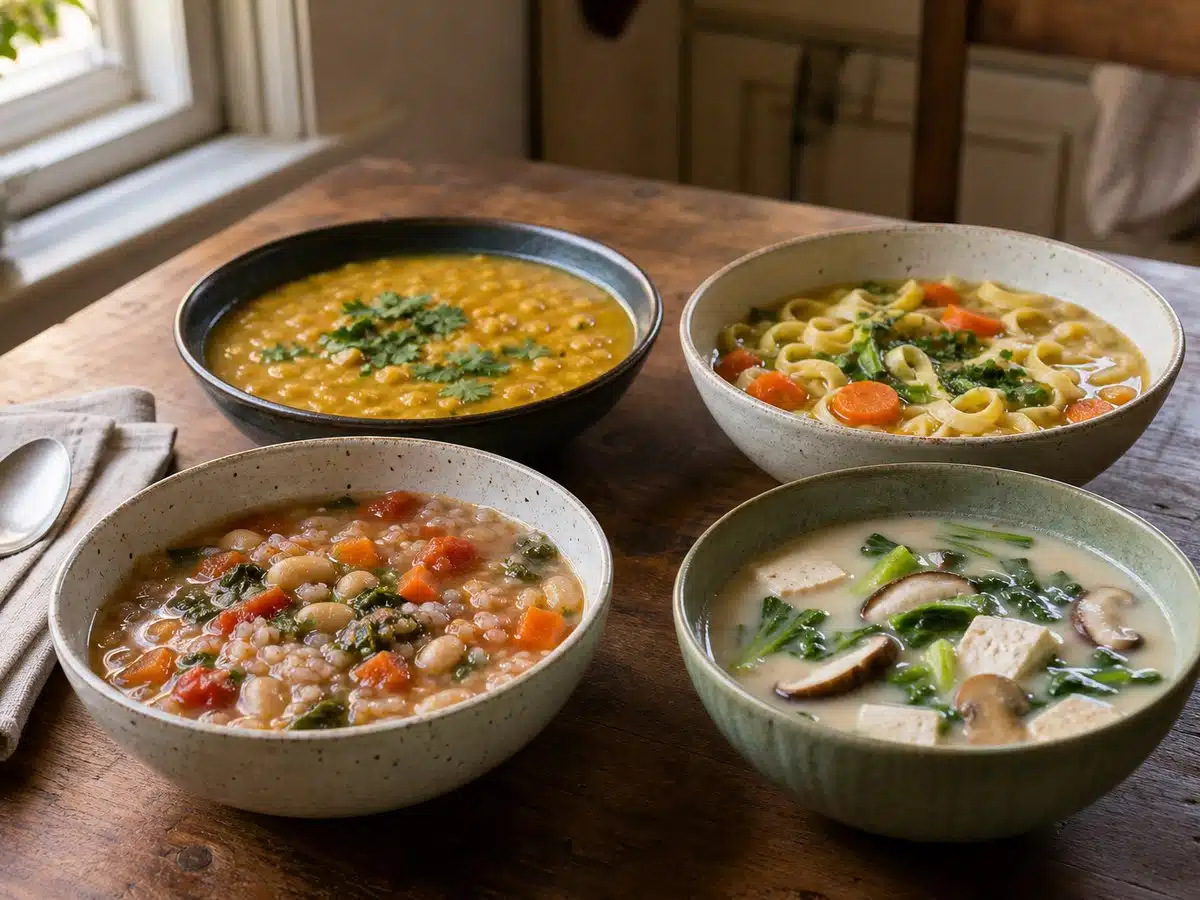 Four bowls of Amy's canned soup styles with hearty bean and rice soup, golden lentil soup, coconut tofu broth, and noodle soup