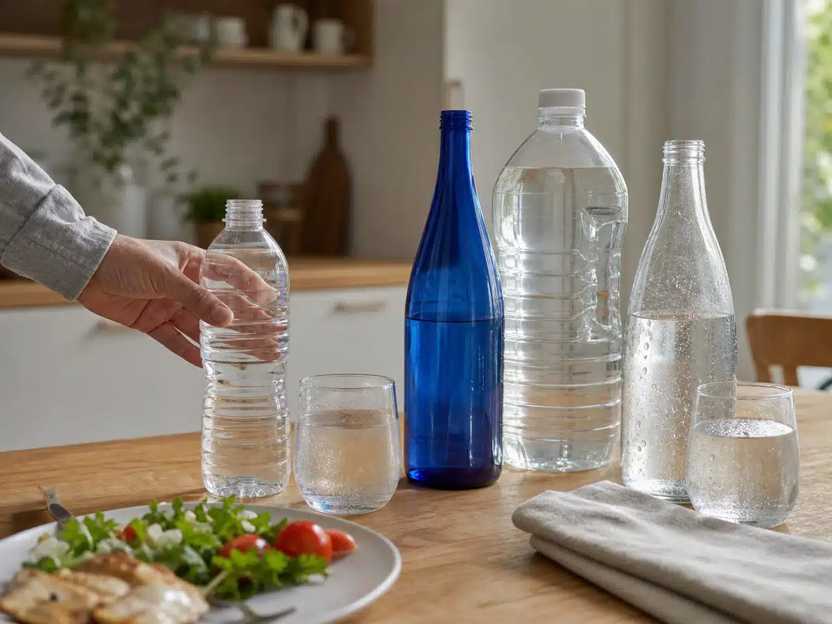 Unbranded still water bottles in glass and plastic beside drinking glasses on a kitchen table