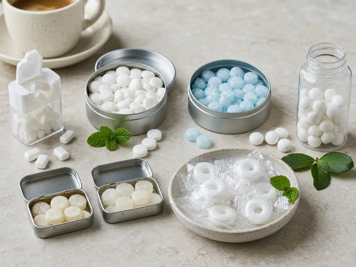 Breath mint formats showing pocket dispensers, metal tins, bulk bottles, and individually wrapped ring mints