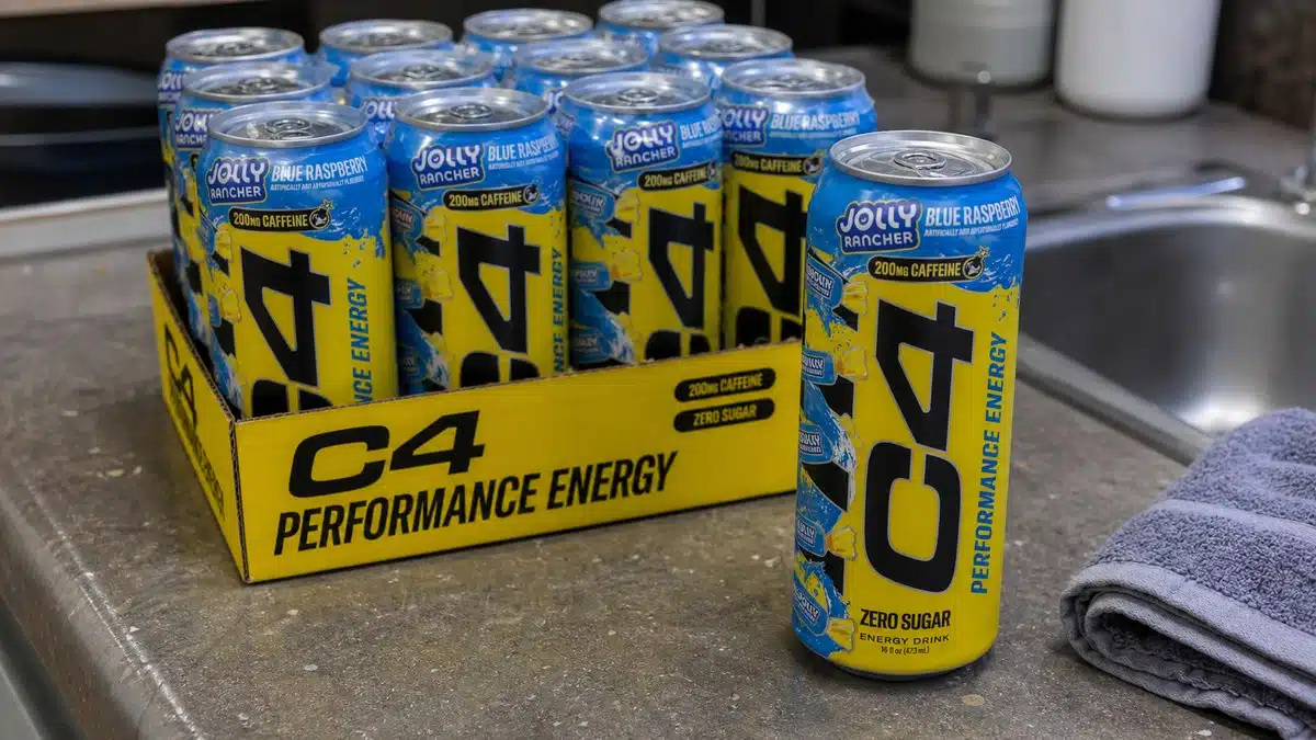 AI product-style photo of C4 Performance Energy Jolly Rancher Blue Raspberry for best c4 flavors