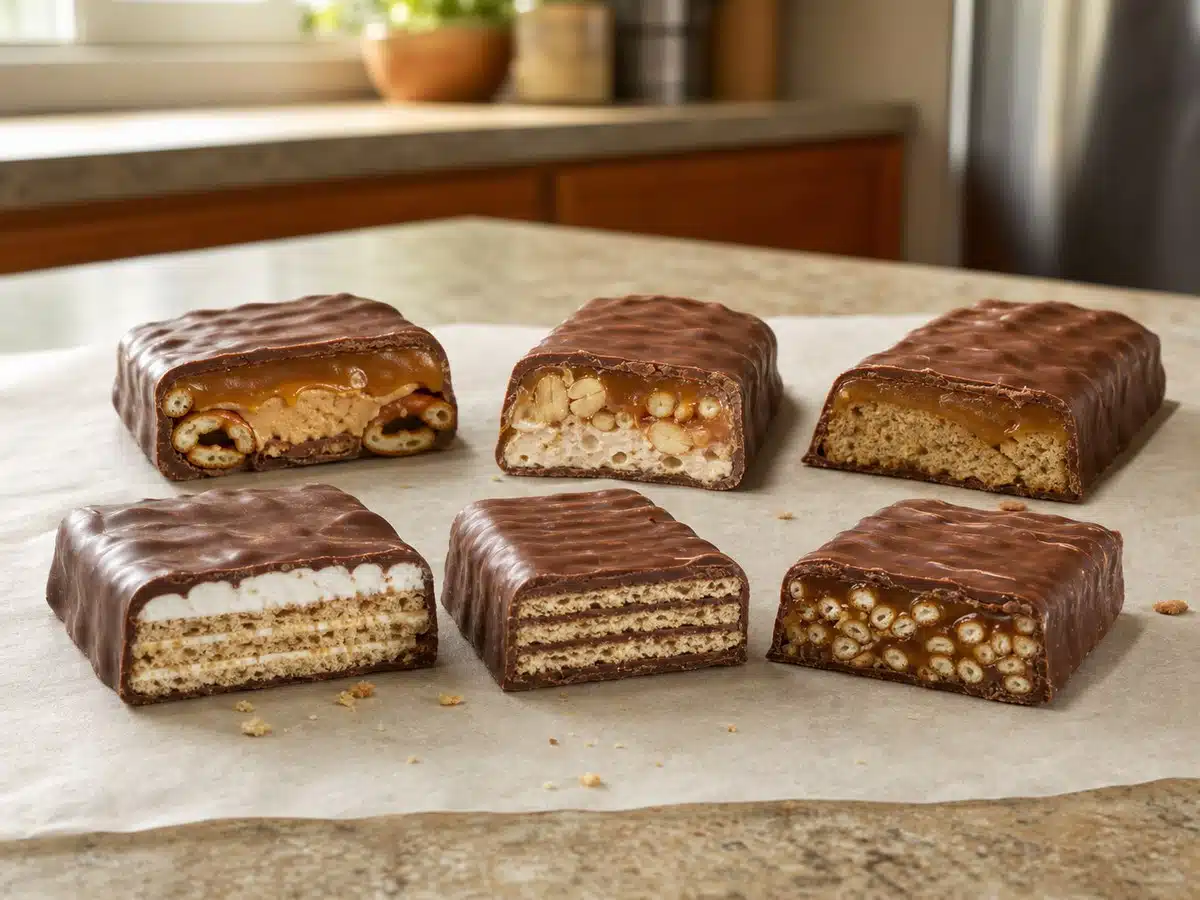Best candy bars shown as six unbranded chocolate bars with pretzel, nut, cookie, cream, wafer, and crisped centers