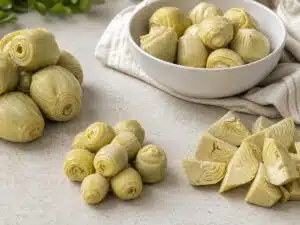 Whole, baby, and quartered canned artichoke hearts drained for cooking