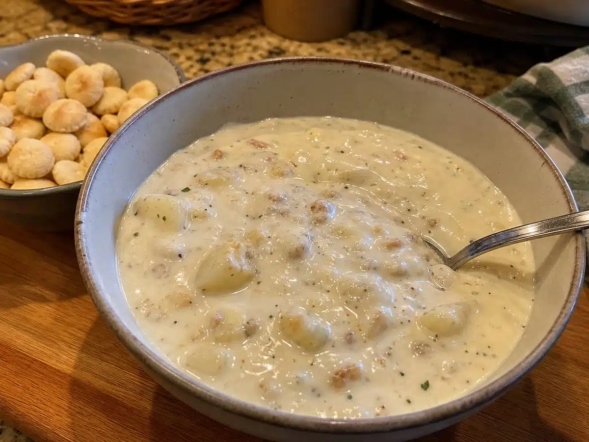 A bowl of creamy clam chowder with oyster crackers