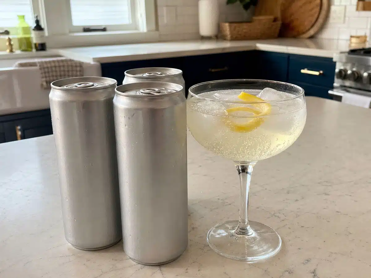 Canned mocktails beside a coupe glass with citrus twist