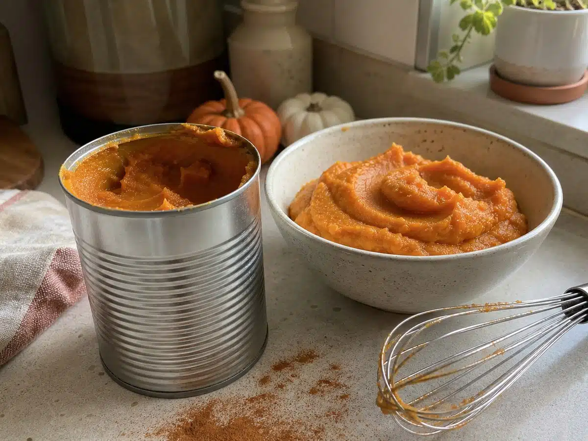 Best canned pumpkin: an open can of pumpkin puree beside a bowl and whisk
