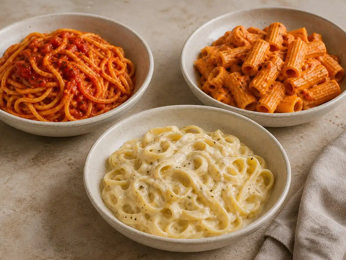 Best Carbone sauces comparison with marinara, vodka sauce on rigatoni, and garlic Alfredo on fettuccine