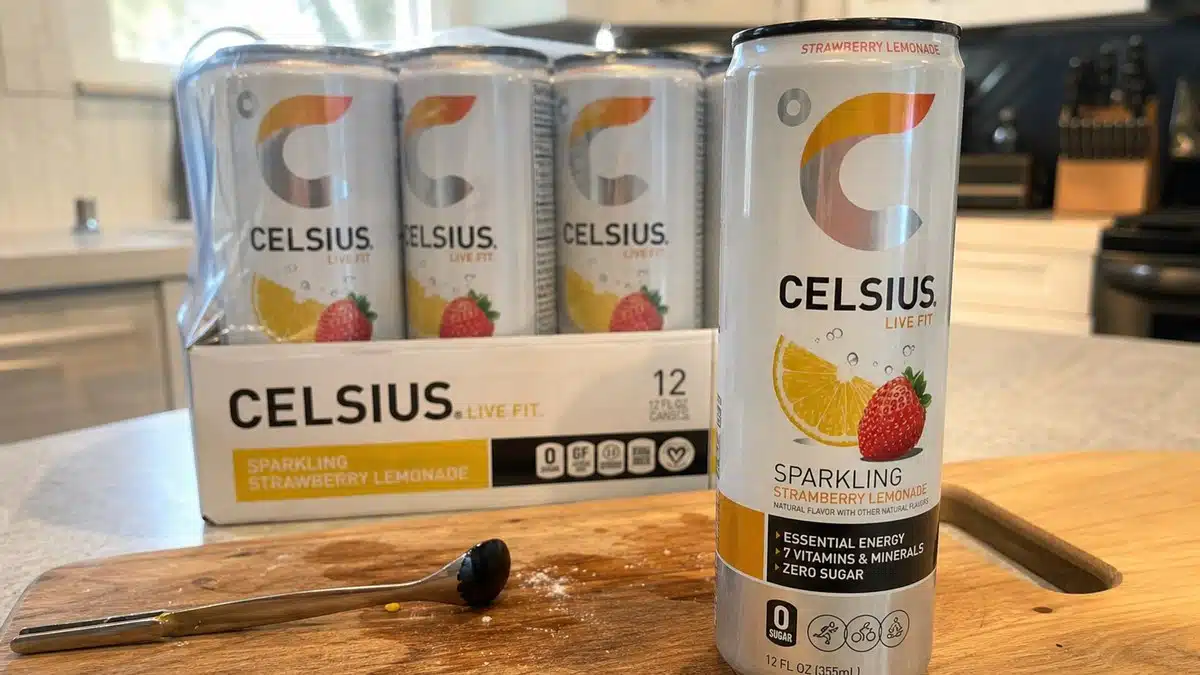 AI product-style photo of CELSIUS Sparkling Strawberry Lemonade for best celsius flavor