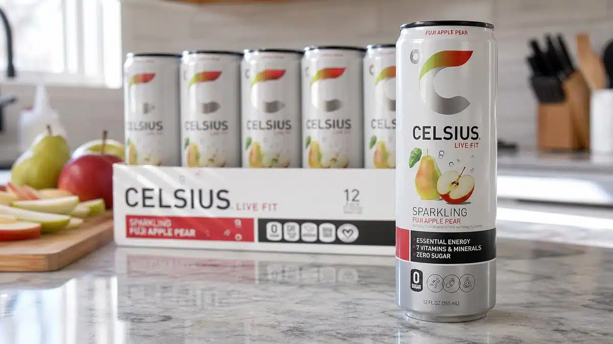 AI product-style photo of CELSIUS Sparkling Fuji Apple Pear for best celsius flavor