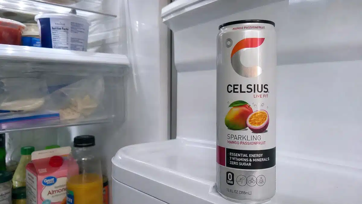 AI product-style photo of CELSIUS Sparkling Mango Passionfruit for best celsius flavor
