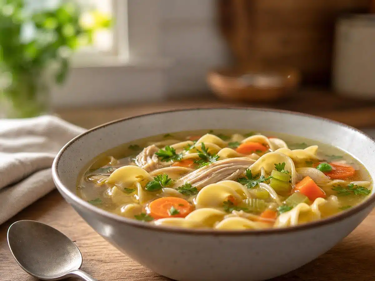 Bowl of chicken noodle soup with egg noodles, shredded chicken, carrots, celery, and peas