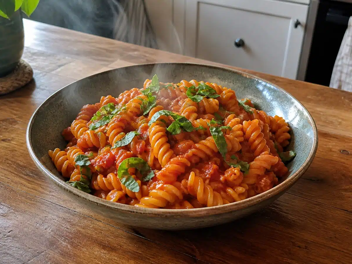 Best chickpea pasta: a bowl of chickpea rotini with tomato sauce and basil