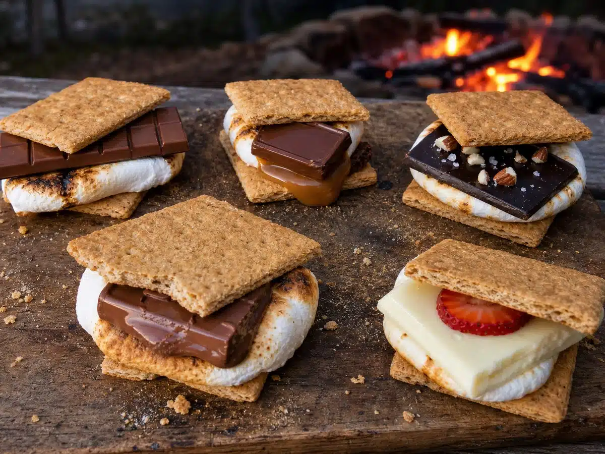 Five unbranded s'mores with milk, caramel, dark, thick milk, and white chocolate beside a campfire