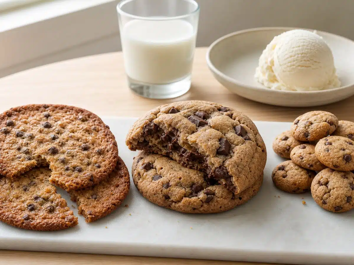Thin crisp, thick soft, and mini chocolate chip cookies shown with milk and vanilla ice cream