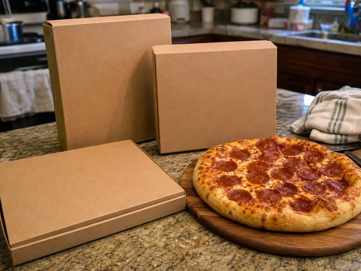 DiGiorno frozen pizza crust lines and a baked pepperoni pizza on a home kitchen counter
