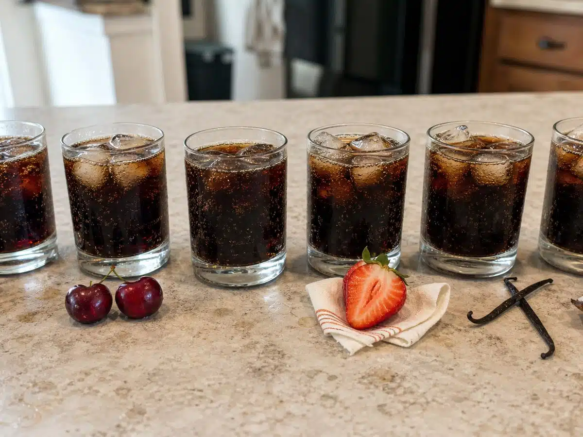 Best Dr Pepper flavors represented by six dark sodas with blackberry, cherry, strawberry, vanilla, and coconut cues