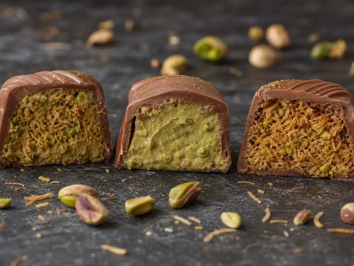 Three cut Dubai-style chocolate pieces compare balanced, creamy, and crunchy pistachio kataifi centers