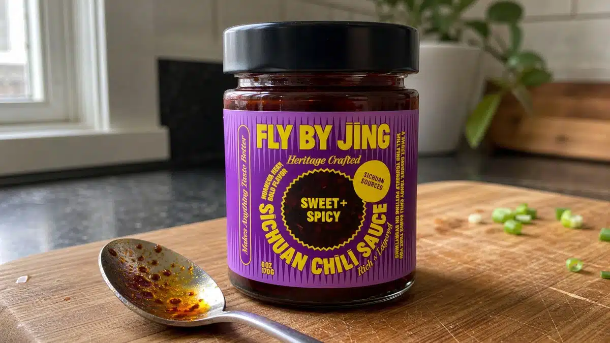 AI product-style photo of Fly By Jing Sweet and Spicy Sichuan Chili Sauce for best dumpling sauce