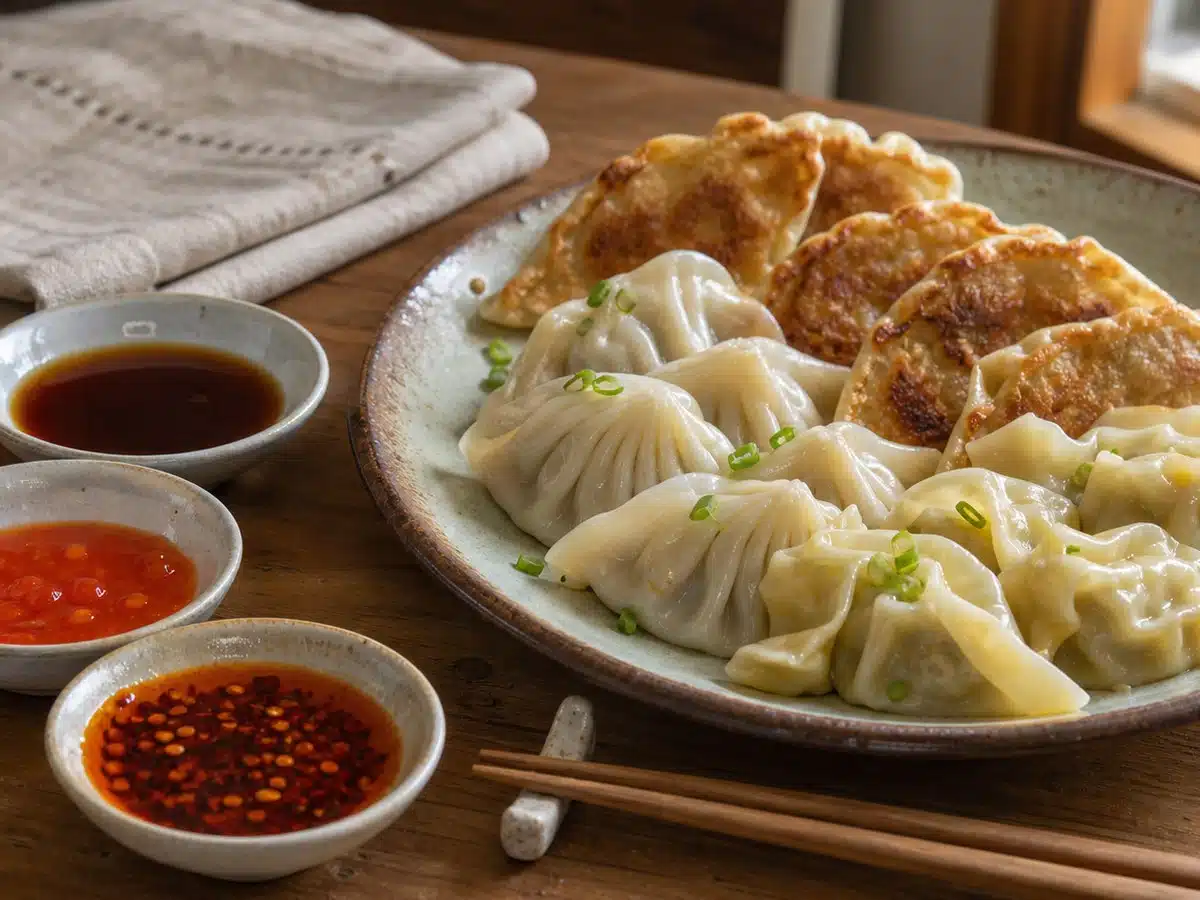 Best dumpling sauce with pan-fried, steamed, and boiled dumplings beside three dipping bowls