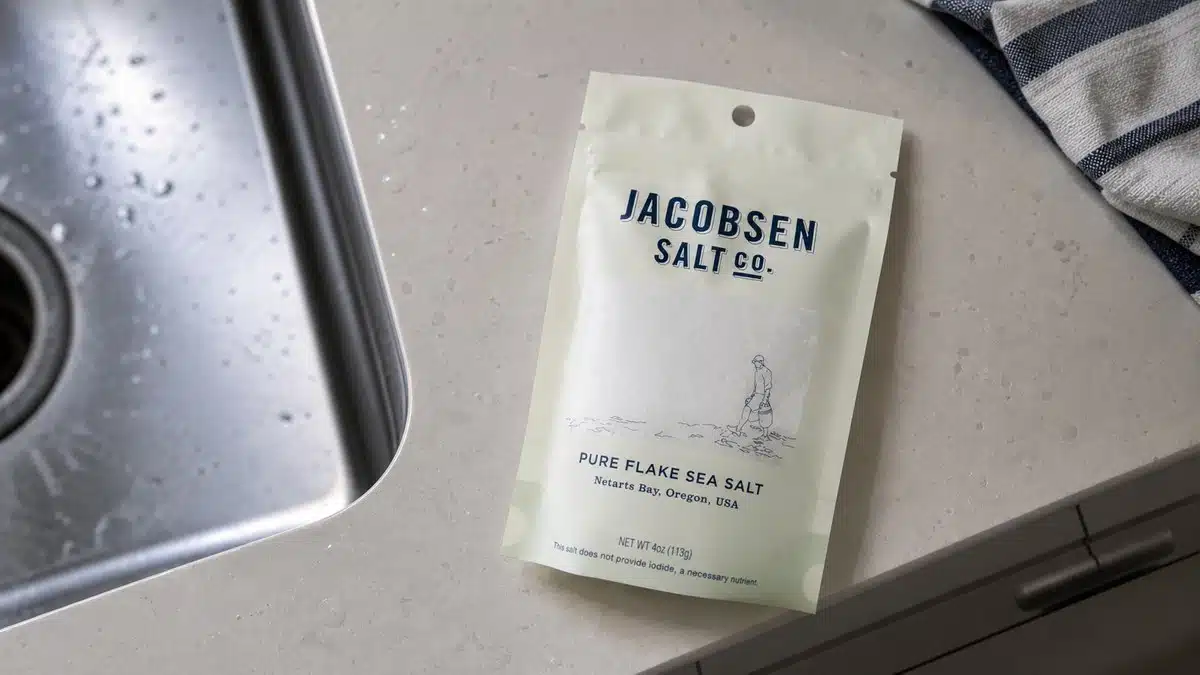 AI product-style photo of Jacobsen Salt Co. Pure Flake Sea Salt for best flake salt