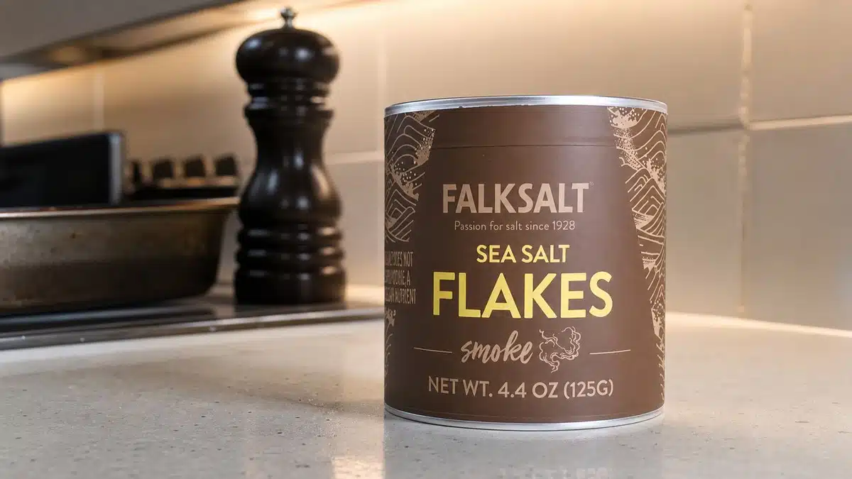 AI product-style photo of Falksalt Smoked Sea Salt Flakes for best flake salt