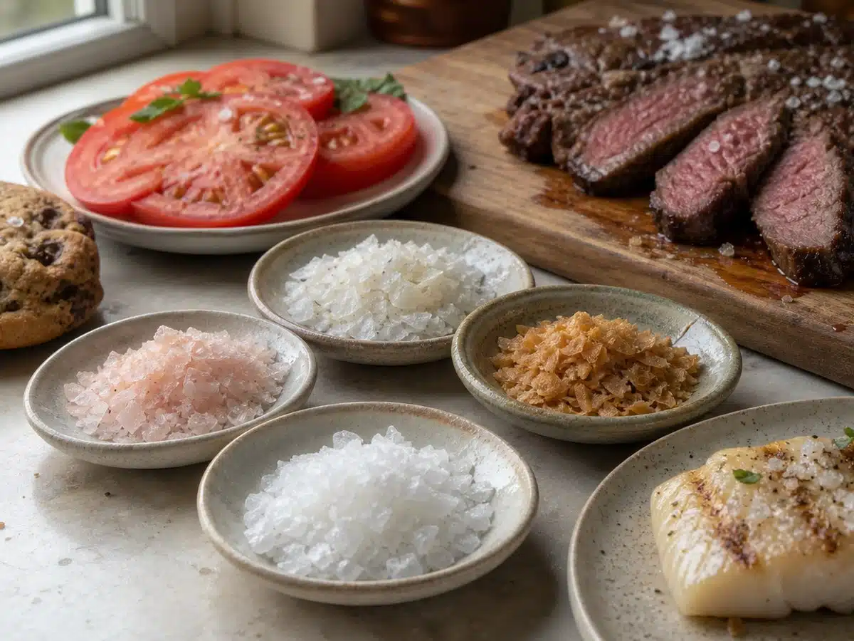 Flake salts beside steak, cookies, tomatoes, and fish for the best flake salt guide