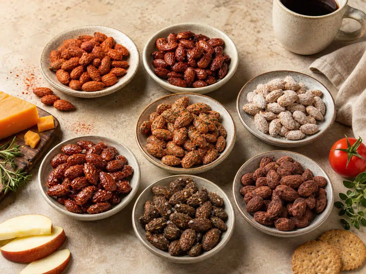 Seven flavored almond styles with smoky, spicy, tangy, herb, caramelized, truffle, and cocoa coatings