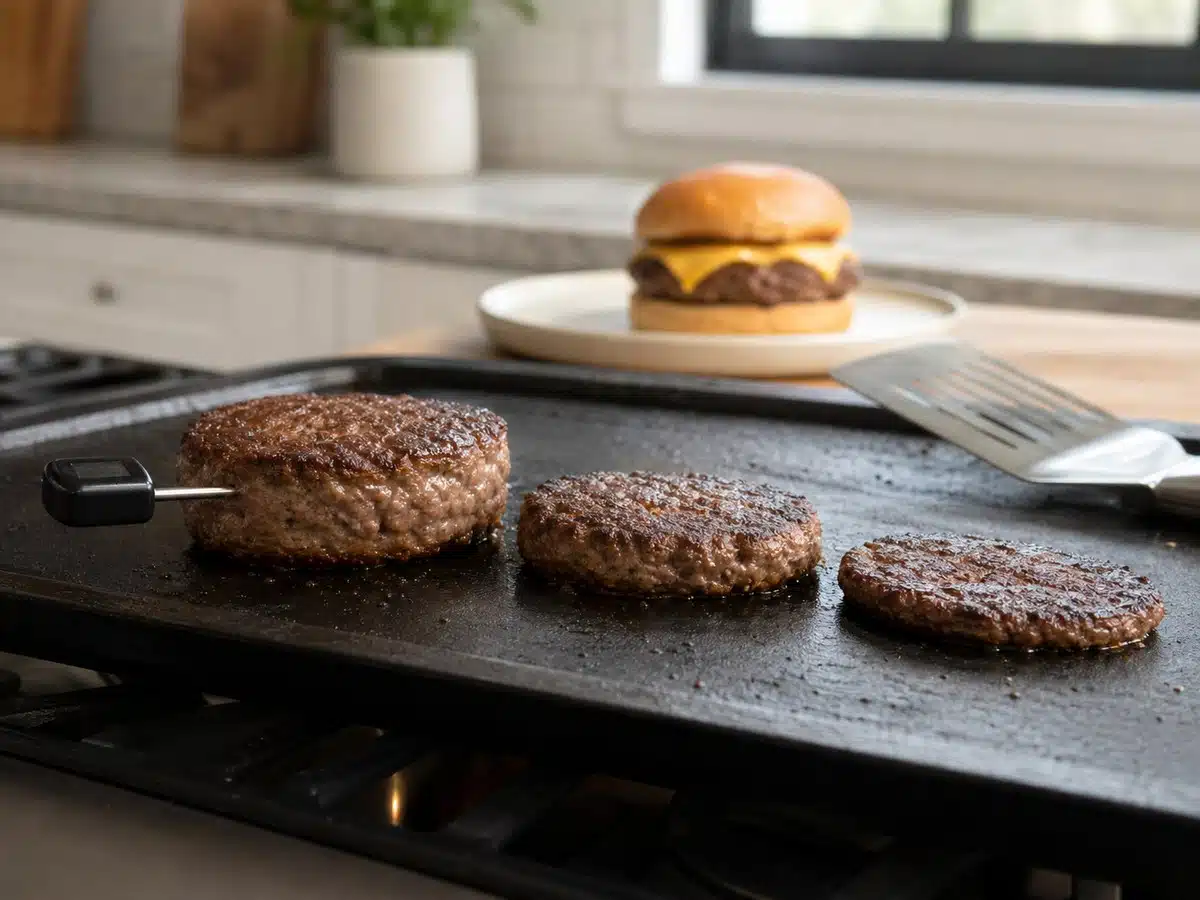 Cooked frozen beef burger patties of three thicknesses with a food thermometer inserted from the side