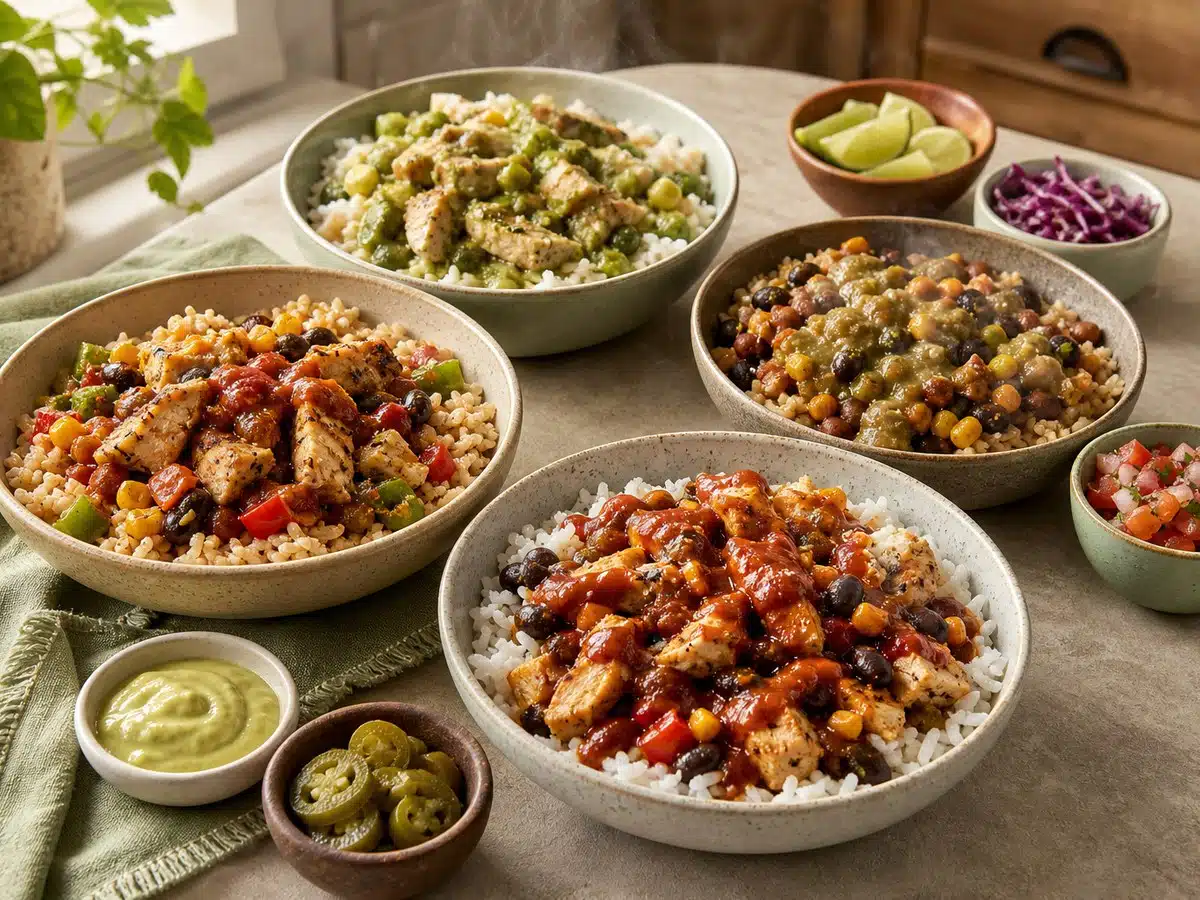 Four unbranded frozen burrito bowl styles with chicken, beans, brown rice, salsa verde, chipotle sauce, and fresh toppings