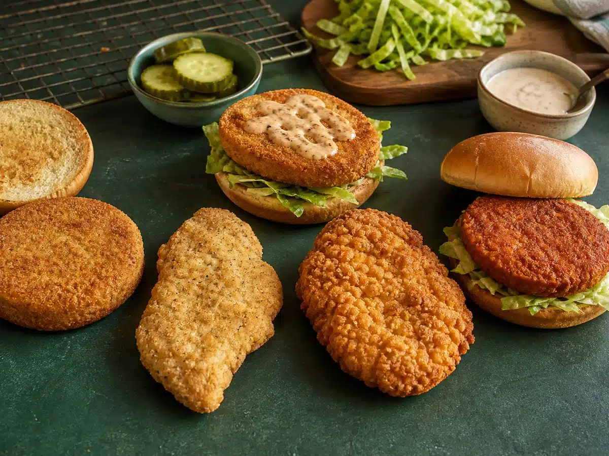 Unbranded frozen chicken patties and breaded breast fillets showing round, lightly breaded, thick crispy, and spicy sandwich formats