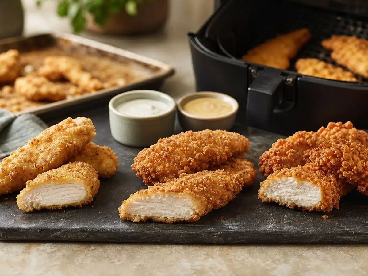 Light, classic, and thick-breaded frozen chicken tenders beside an air fryer and dipping sauces