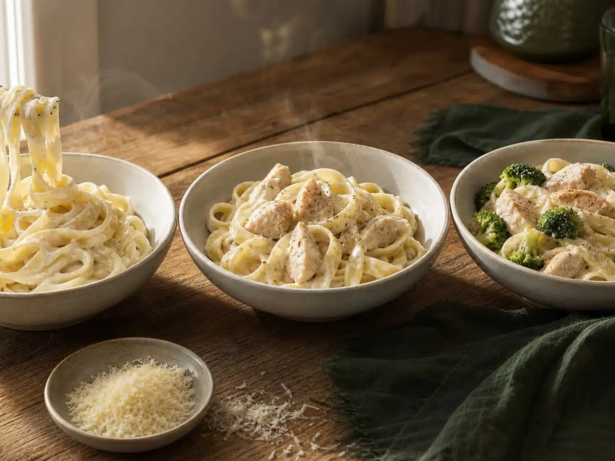 Plain, chicken, and broccoli frozen fettuccine Alfredo meals compared side by side