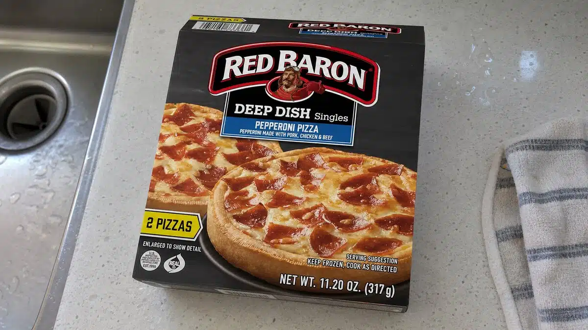 AI product-style photo of Red Baron Deep Dish Singles Pepperoni Pizza for best frozen meals under 5 dollars