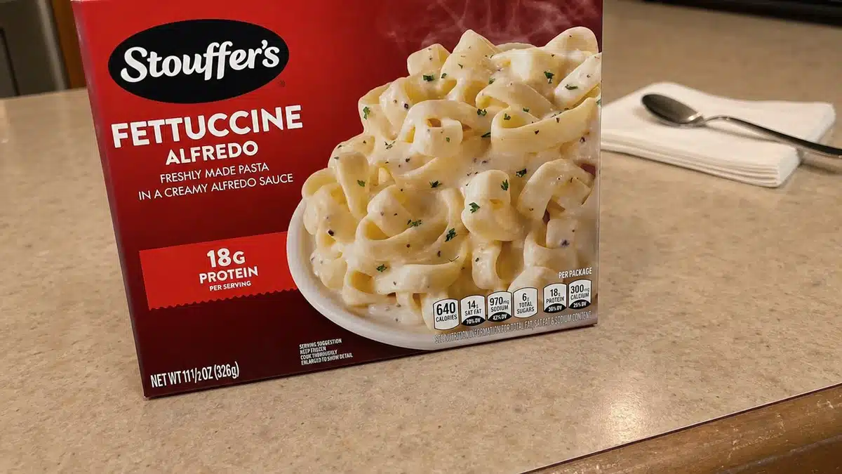 AI product-style photo of Stouffer's Fettuccine Alfredo for best frozen meals under 5 dollars