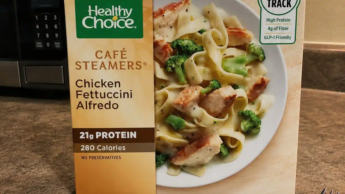 AI product-style photo of Healthy Choice Cafe Steamers Chicken Fettuccini Alfredo for best frozen meals under 5 dollars