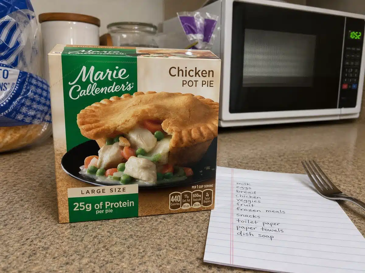 Marie Callender's chicken pot pie beside a grocery list for best frozen meals under 5 dollars