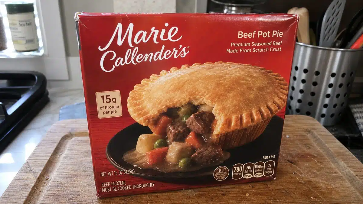 AI product-style photo of Marie Callender's Beef Pot Pie, 15 oz for best frozen pot pie