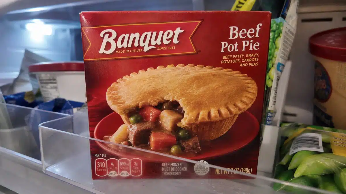 AI product-style photo of Banquet Beef Pot Pie, 7 oz for best frozen pot pie
