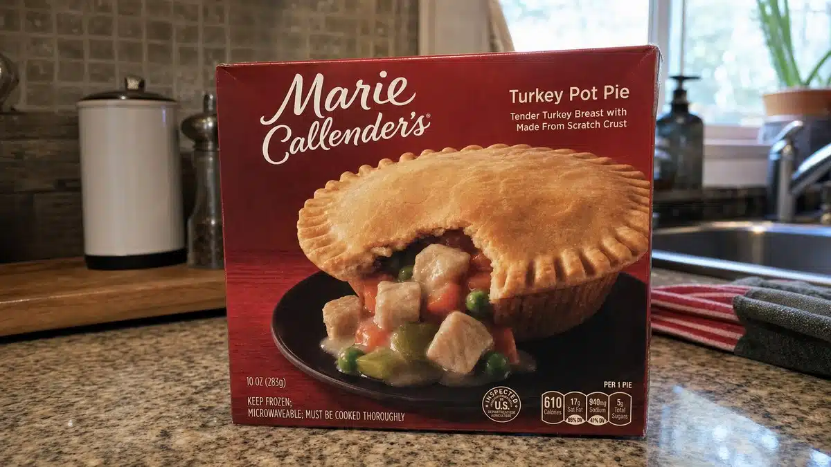 AI product-style photo of Marie Callender's Turkey Pot Pie, Frozen Meal, 10 oz for best frozen pot pie