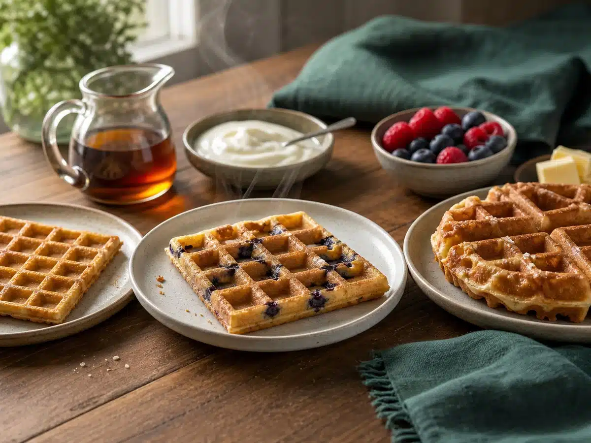 Thin, blueberry, and thick Belgian waffles in a best frozen waffles comparison