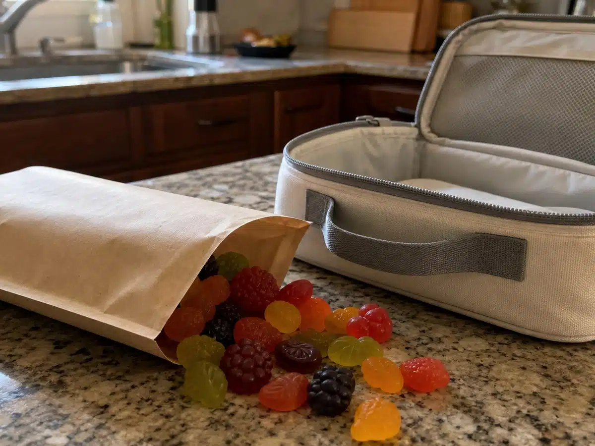 Best fruit snacks: colorful fruit-shaped gummies spilling from a pouch