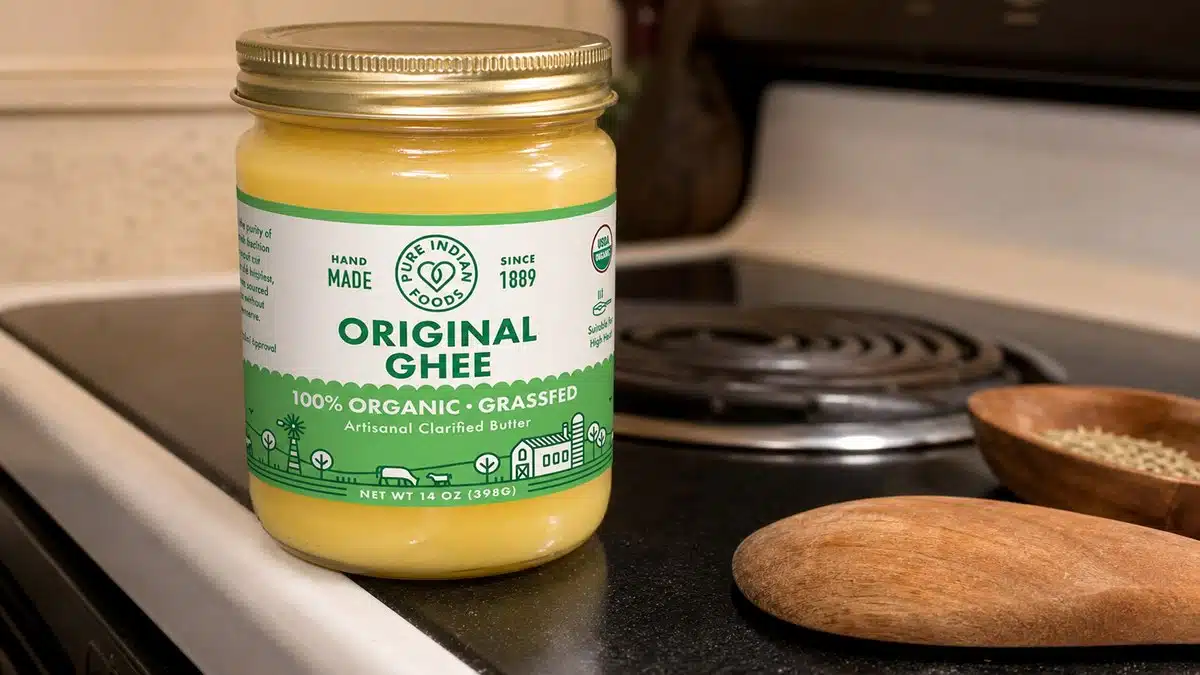 AI product-style photo of Pure Indian Foods Organic Grassfed Original Ghee for best ghee