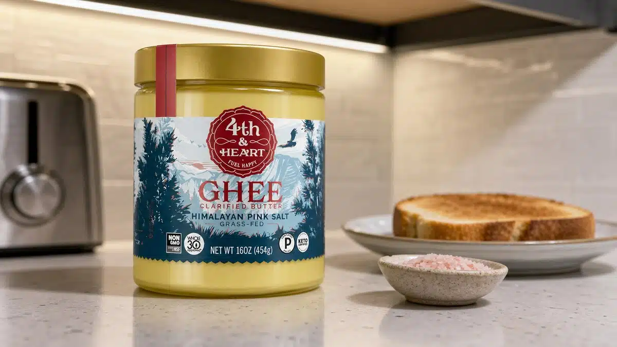 AI product-style photo of 4th & Heart Himalayan Pink Salt Ghee for best ghee
