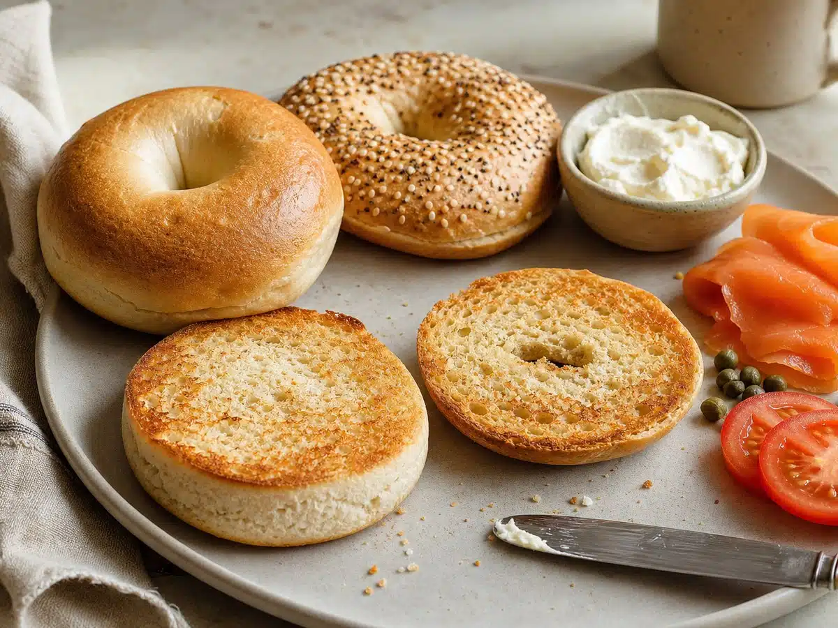 Toasted gluten-free bagels with different thicknesses beside cream cheese, smoked salmon, tomato, and capers